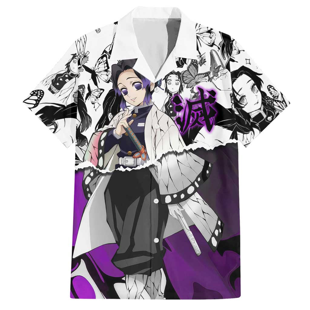 Shinobu Kocho Demon Slayer Butterfly Theme Hawaiian Shirt with Purple Accents and Manga Collage Design - The Mazicc
