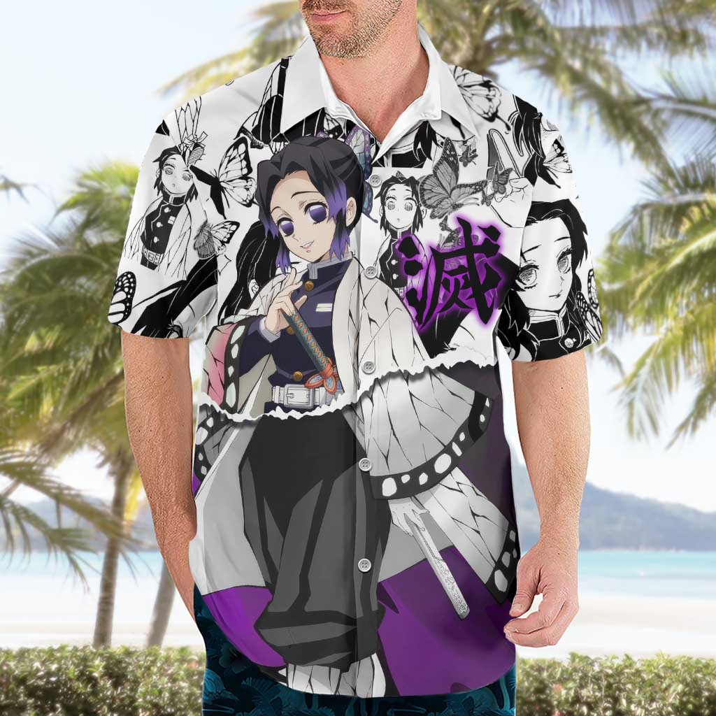 Shinobu Kocho Demon Slayer Butterfly Theme Hawaiian Shirt with Purple Accents and Manga Collage Design - The Mazicc