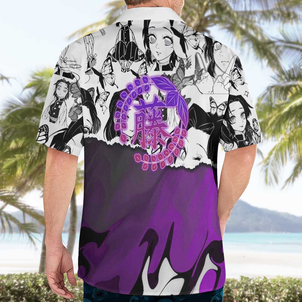 Shinobu Kocho Demon Slayer Butterfly Theme Hawaiian Shirt with Purple Accents and Manga Collage Design - The Mazicc