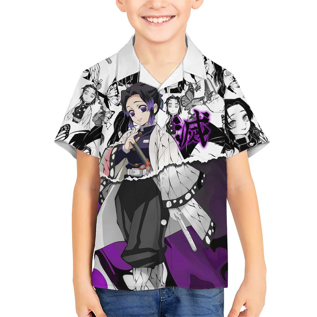 Shinobu Kocho Demon Slayer Butterfly Theme Hawaiian Shirt with Purple Accents and Manga Collage Design - The Mazicc