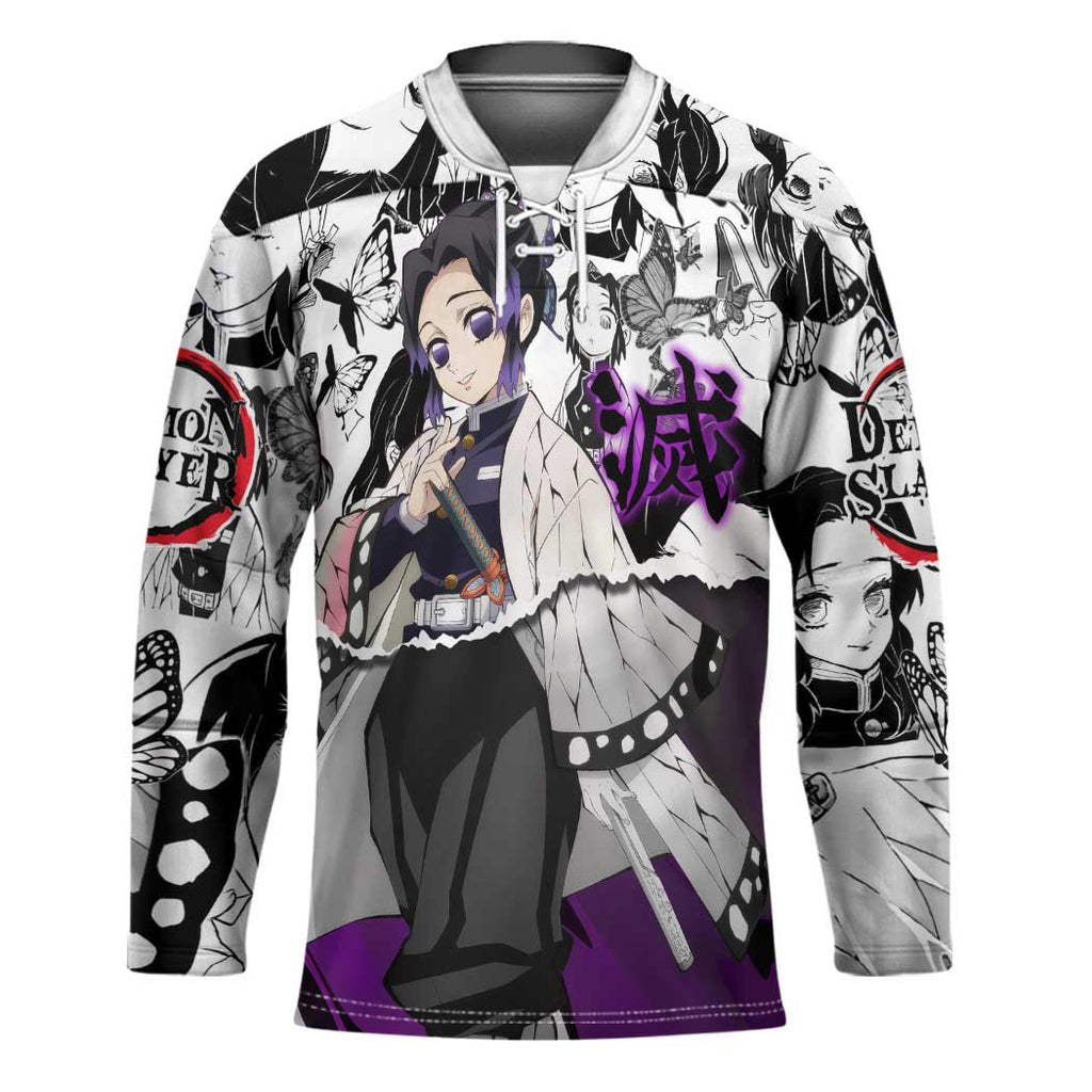 Shinobu Kocho Demon Slayer Butterfly Theme Hockey Jersey with Purple Accents and Manga Collage Design - The Mazicc