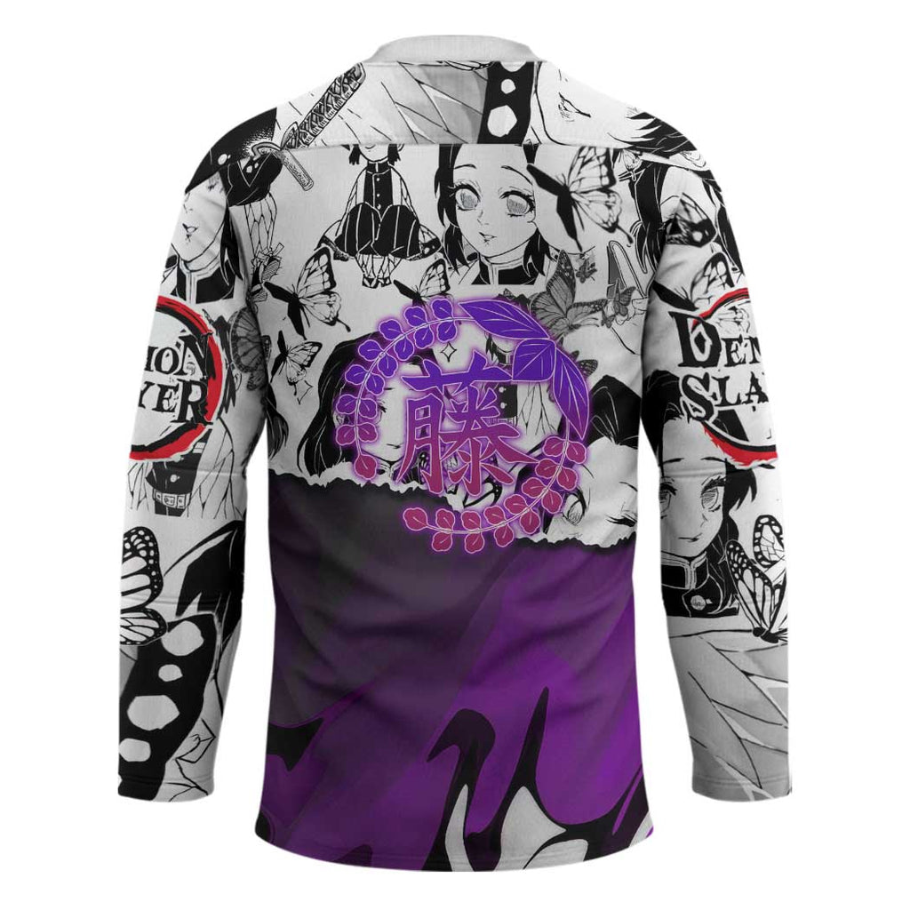 Shinobu Kocho Demon Slayer Butterfly Theme Hockey Jersey with Purple Accents and Manga Collage Design - The Mazicc