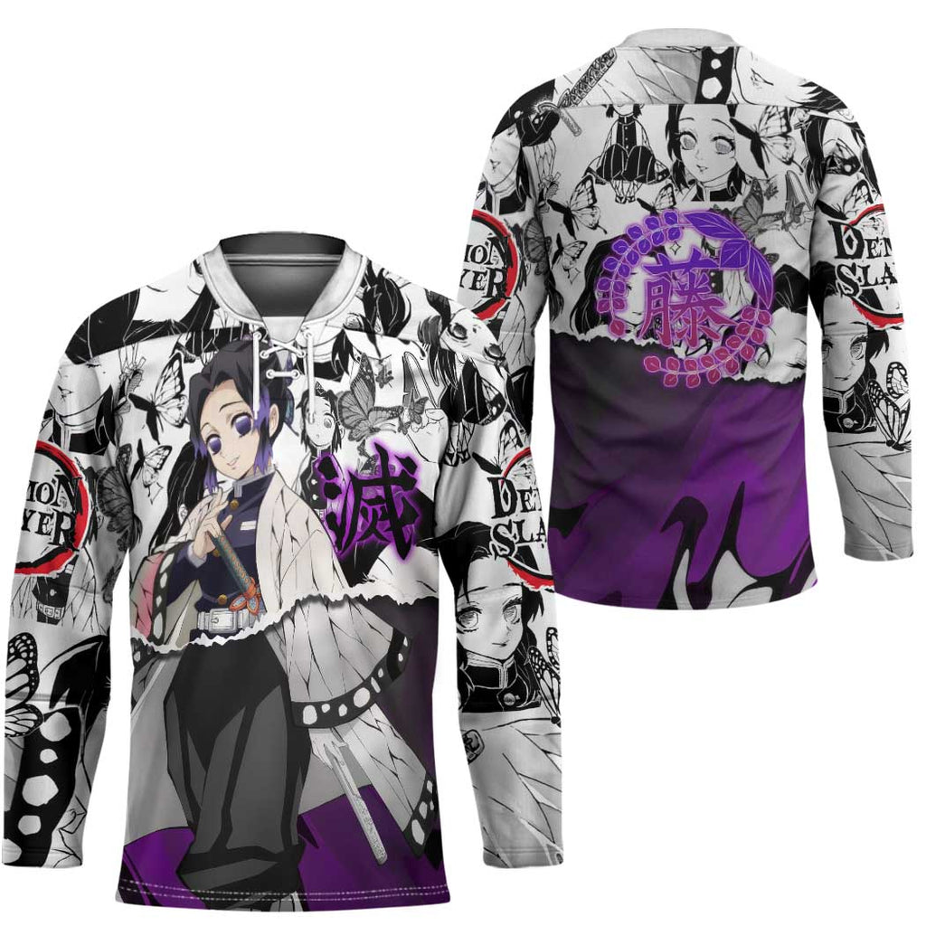 Shinobu Kocho Demon Slayer Butterfly Theme Hockey Jersey with Purple Accents and Manga Collage Design - The Mazicc