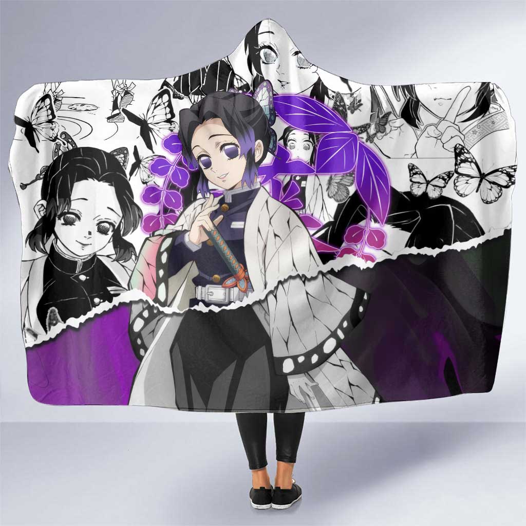 Shinobu Kocho Demon Slayer Butterfly Theme Hooded Blanket with Purple Accents and Manga Collage Design - The Mazicc