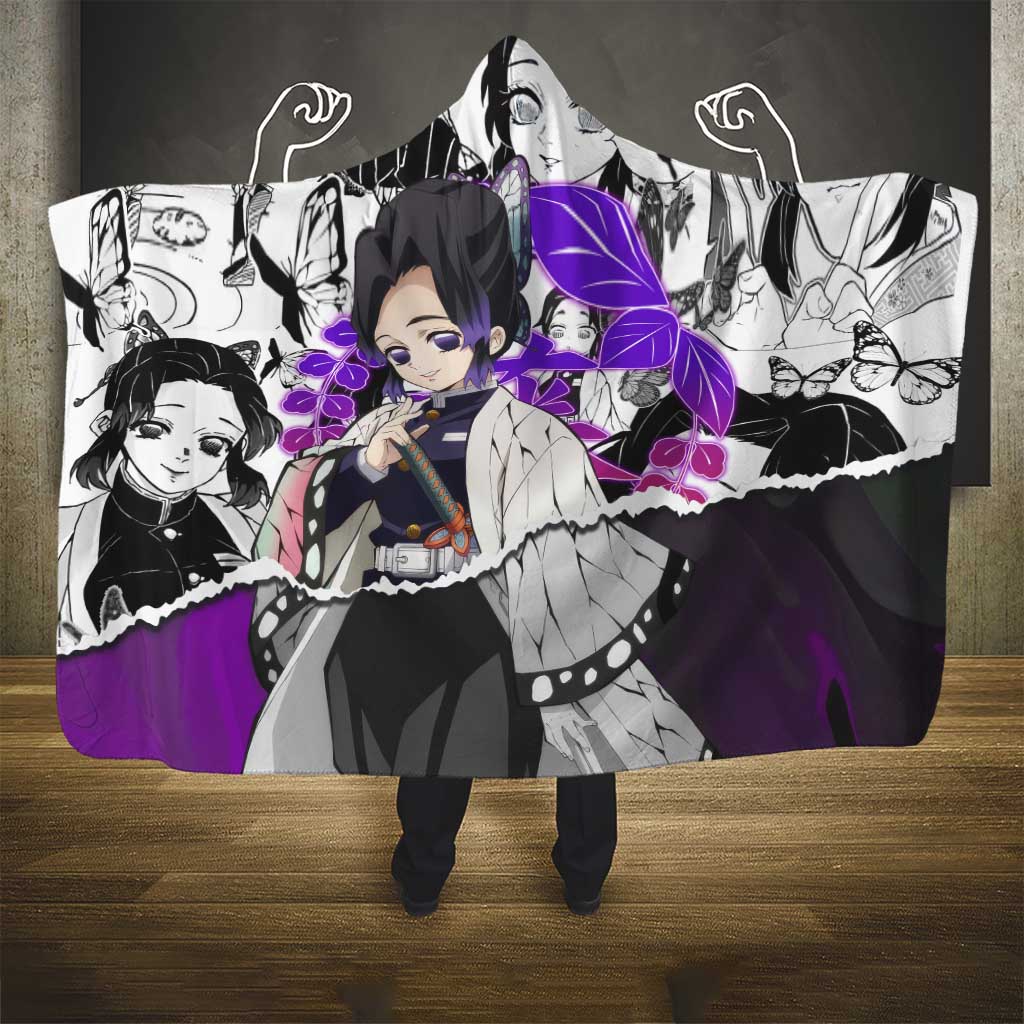 Shinobu Kocho Demon Slayer Butterfly Theme Hooded Blanket with Purple Accents and Manga Collage Design - The Mazicc