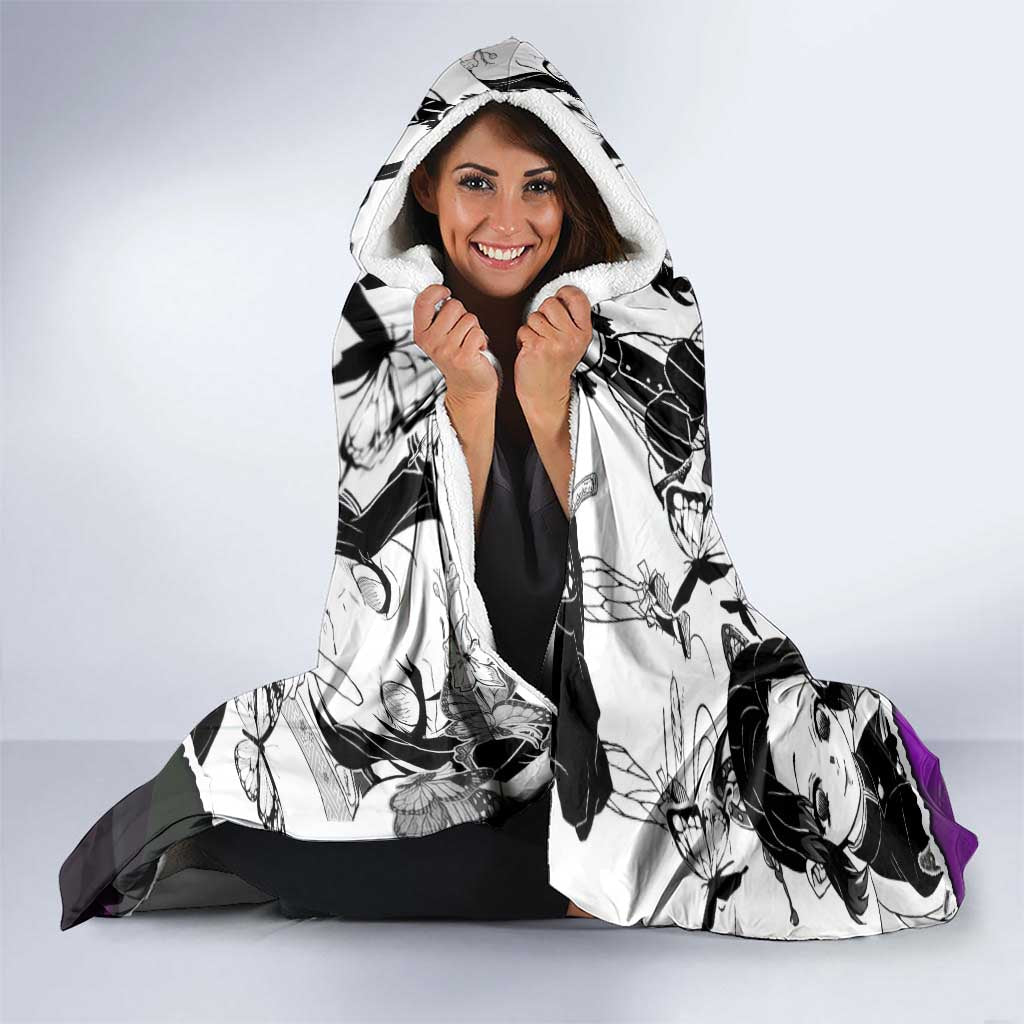 Shinobu Kocho Demon Slayer Butterfly Theme Hooded Blanket with Purple Accents and Manga Collage Design - The Mazicc