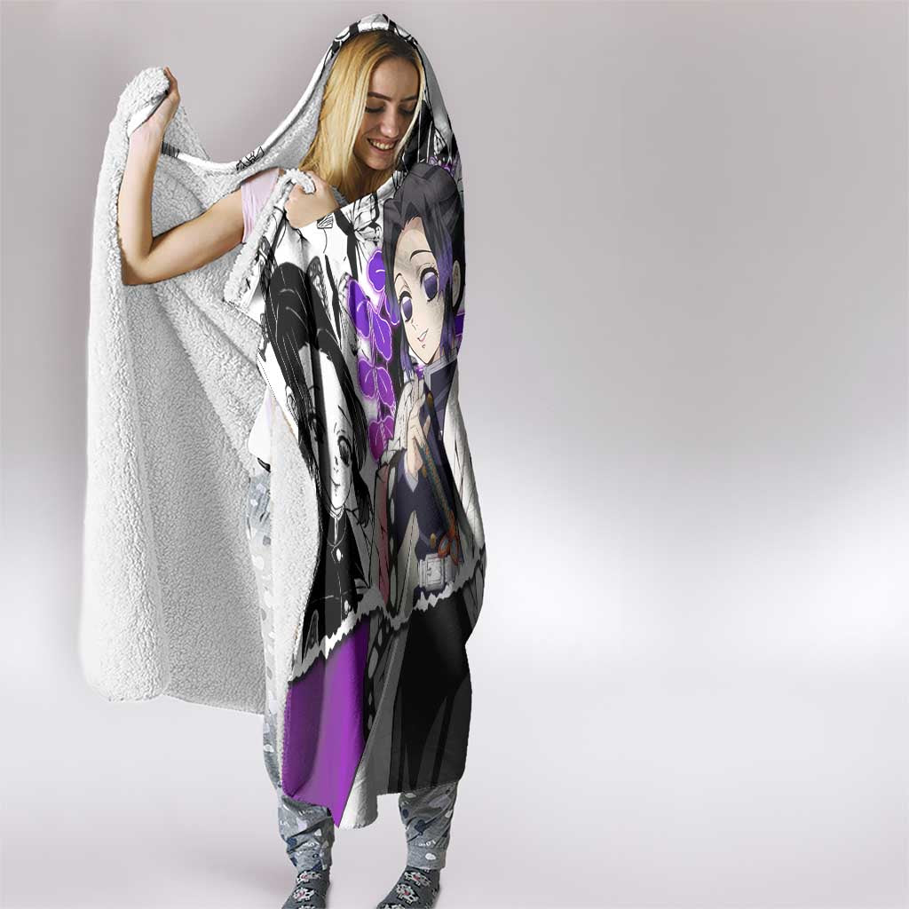 Shinobu Kocho Demon Slayer Butterfly Theme Hooded Blanket with Purple Accents and Manga Collage Design - The Mazicc