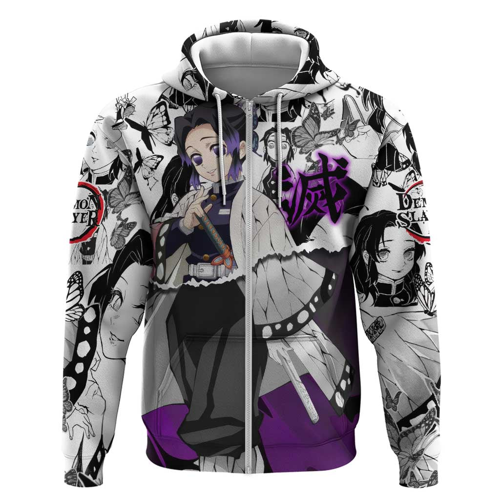 Shinobu Kocho Demon Slayer Butterfly Theme Hoodie with Purple Accents and Manga Collage Design - The Mazicc