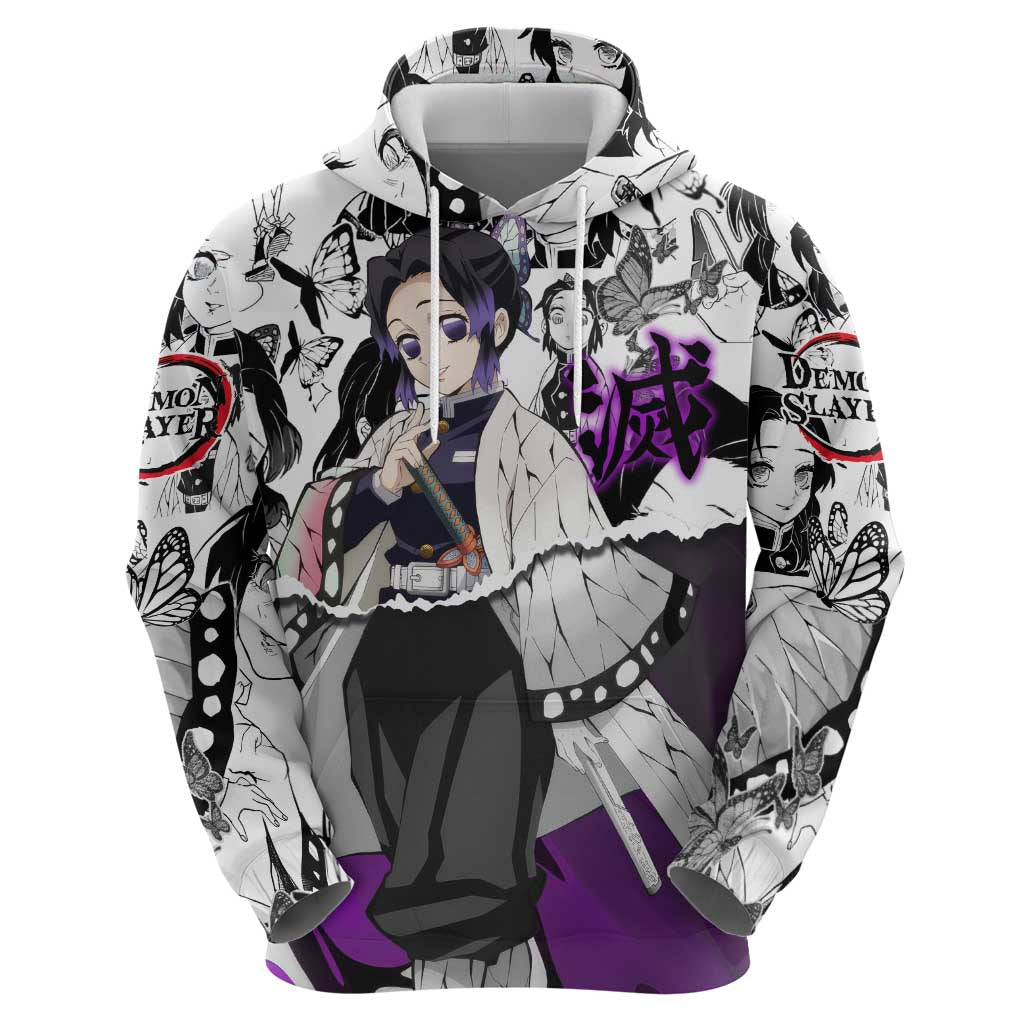 Shinobu Kocho Demon Slayer Butterfly Theme Hoodie with Purple Accents and Manga Collage Design - The Mazicc