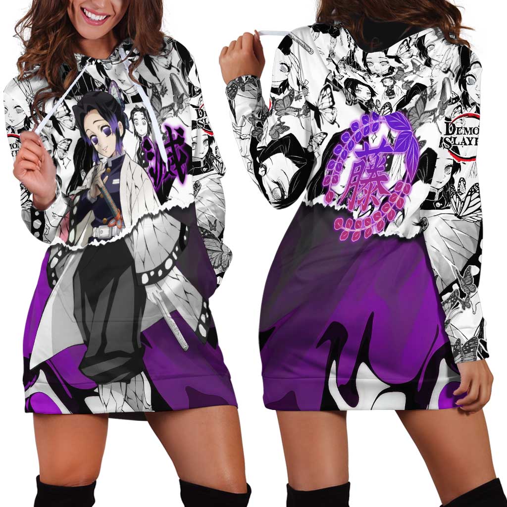 Shinobu Kocho Demon Slayer Butterfly Theme Hoodie Dress with Purple Accents and Manga Collage Design - The Mazicc
