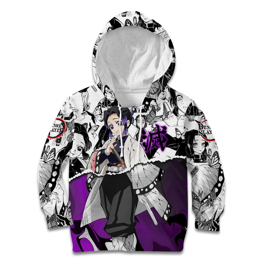 Shinobu Kocho Demon Slayer Butterfly Theme Kid Hoodie with Purple Accents and Manga Collage Design - The Mazicc