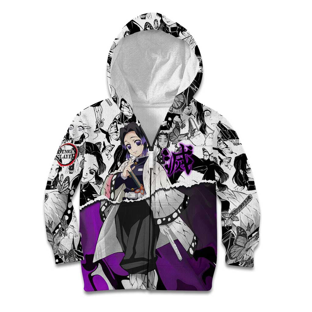 Shinobu Kocho Demon Slayer Butterfly Theme Kid Hoodie with Purple Accents and Manga Collage Design - The Mazicc
