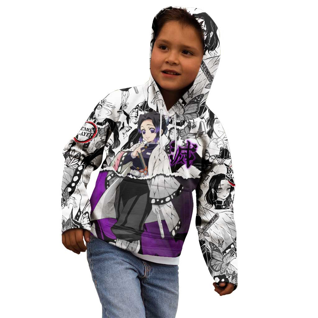 Shinobu Kocho Demon Slayer Butterfly Theme Kid Hoodie with Purple Accents and Manga Collage Design - The Mazicc