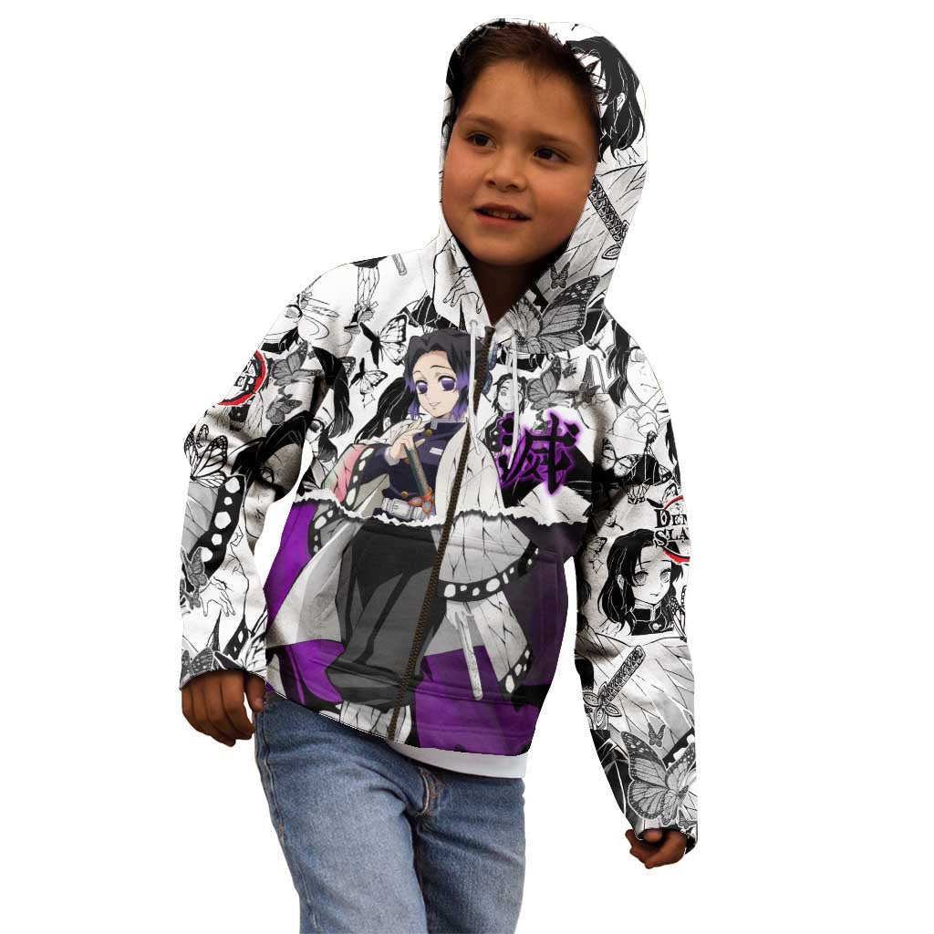 Shinobu Kocho Demon Slayer Butterfly Theme Kid Hoodie with Purple Accents and Manga Collage Design - The Mazicc