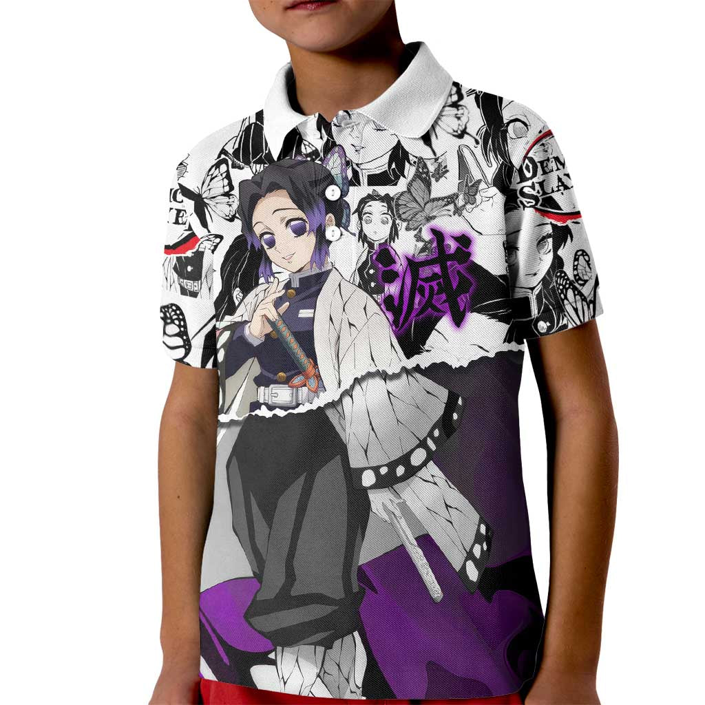 Shinobu Kocho Demon Slayer Butterfly Theme Kid Polo Shirt with Purple Accents and Manga Collage Design - The Mazicc