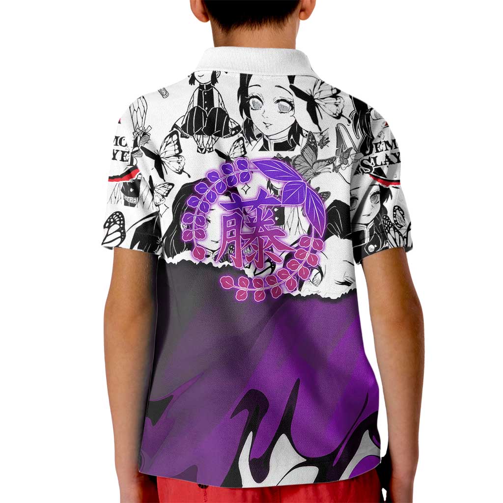 Shinobu Kocho Demon Slayer Butterfly Theme Kid Polo Shirt with Purple Accents and Manga Collage Design - The Mazicc