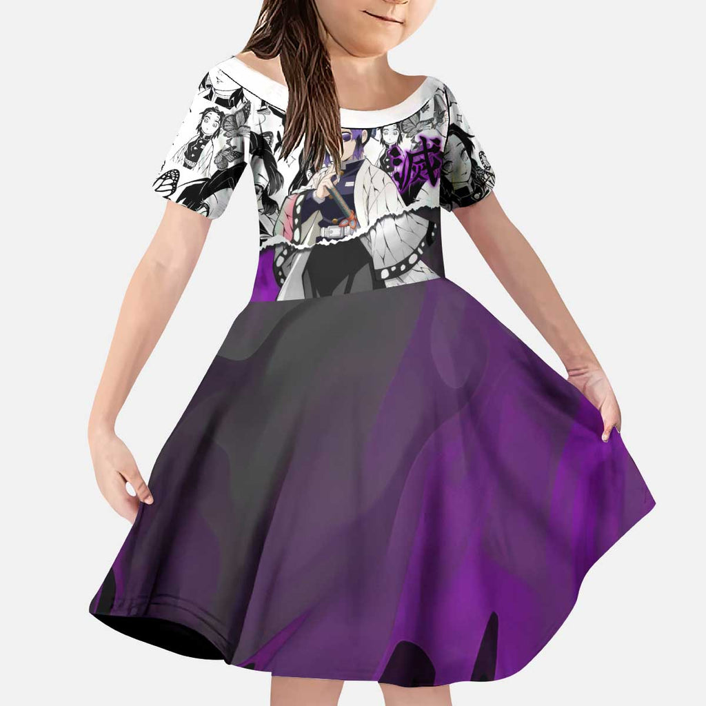 Shinobu Kocho Demon Slayer Butterfly Theme Kid Short Sleeve Dress with Purple Accents and Manga Collage Design - The Mazicc