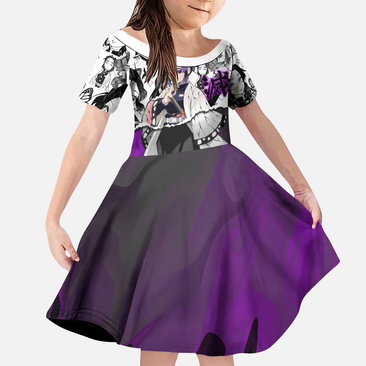 Shinobu Kocho Demon Slayer Butterfly Theme Kid Short Sleeve Dress with Purple Accents and Manga Collage Design - The Mazicc