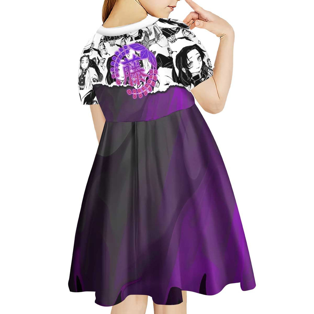 Shinobu Kocho Demon Slayer Butterfly Theme Kid Short Sleeve Dress with Purple Accents and Manga Collage Design - The Mazicc