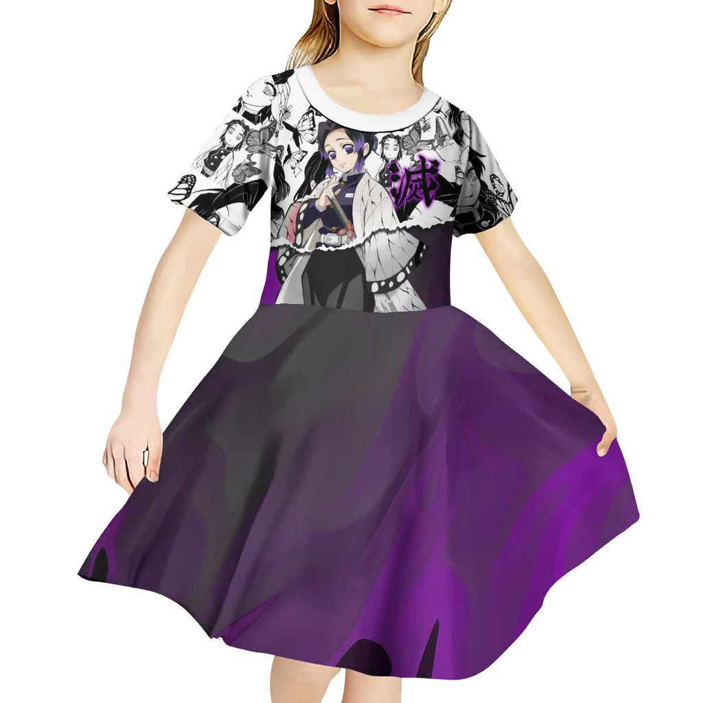 Shinobu Kocho Demon Slayer Butterfly Theme Kid Short Sleeve Dress with Purple Accents and Manga Collage Design - The Mazicc