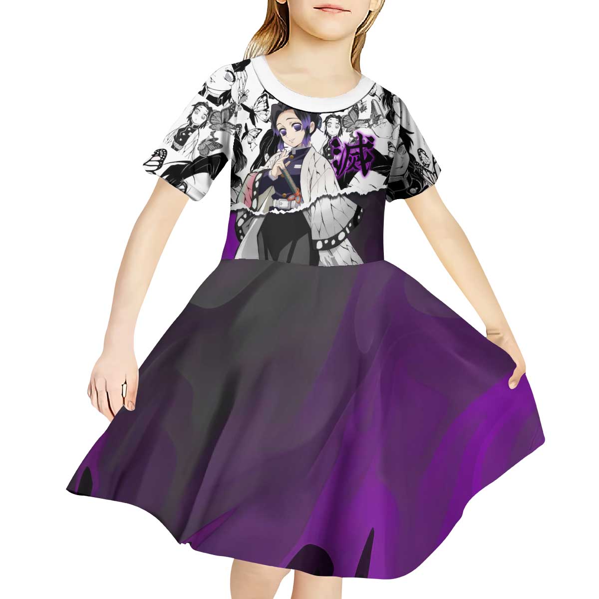 Shinobu Kocho Demon Slayer Butterfly Theme Kid Short Sleeve Dress with Purple Accents and Manga Collage Design - The Mazicc