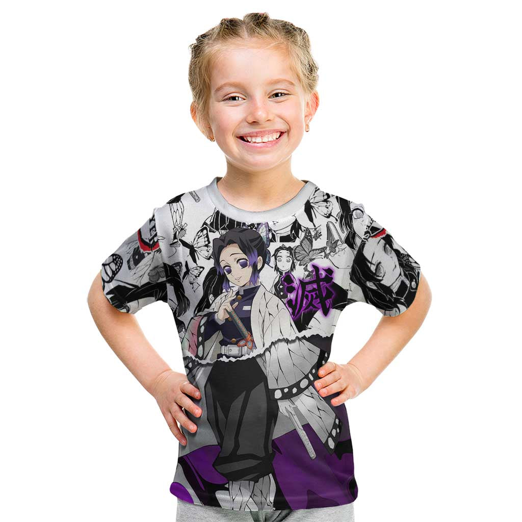 Shinobu Kocho Demon Slayer Butterfly Theme Kid T Shirt with Purple Accents and Manga Collage Design - The Mazicc