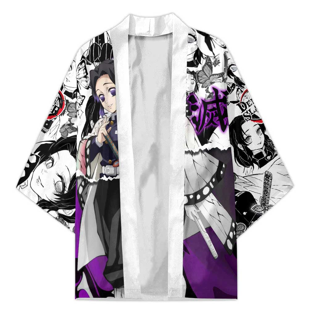 Shinobu Kocho Demon Slayer Butterfly Theme Kimono with Purple Accents and Manga Collage Design - The Mazicc