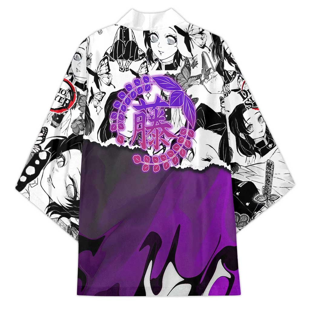 Shinobu Kocho Demon Slayer Butterfly Theme Kimono with Purple Accents and Manga Collage Design - The Mazicc
