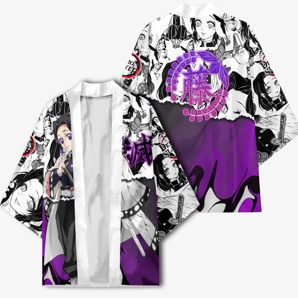Shinobu Kocho Demon Slayer Butterfly Theme Kimono with Purple Accents and Manga Collage Design - The Mazicc