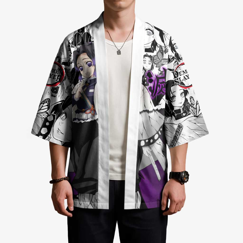 Shinobu Kocho Demon Slayer Butterfly Theme Kimono with Purple Accents and Manga Collage Design - The Mazicc