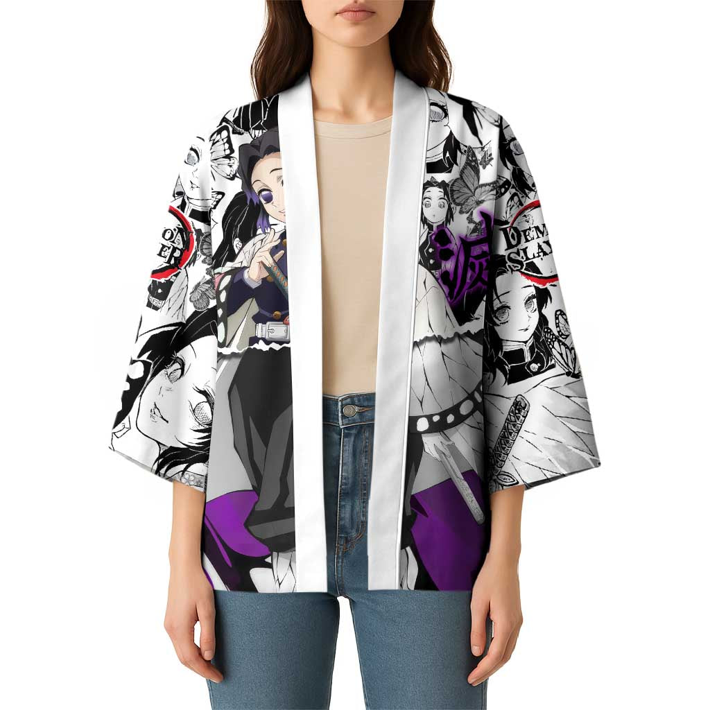 Shinobu Kocho Demon Slayer Butterfly Theme Kimono with Purple Accents and Manga Collage Design - The Mazicc