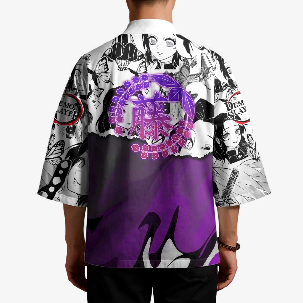 Shinobu Kocho Demon Slayer Butterfly Theme Kimono with Purple Accents and Manga Collage Design - The Mazicc