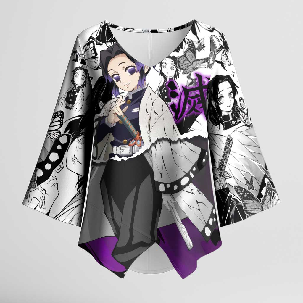 Shinobu Kocho Demon Slayer Butterfly Theme Kimono Sleeve Blouse with Purple Accents and Manga Collage Design - The Mazicc