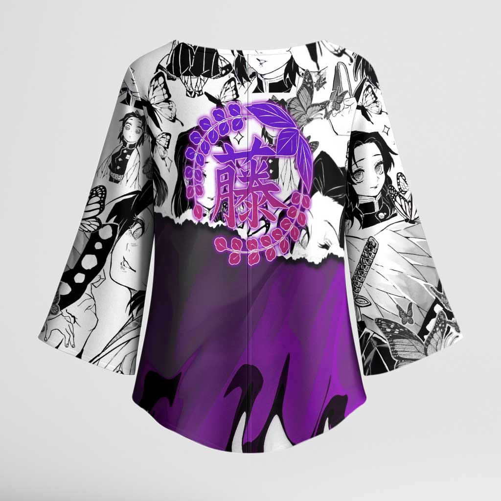 Shinobu Kocho Demon Slayer Butterfly Theme Kimono Sleeve Blouse with Purple Accents and Manga Collage Design - The Mazicc