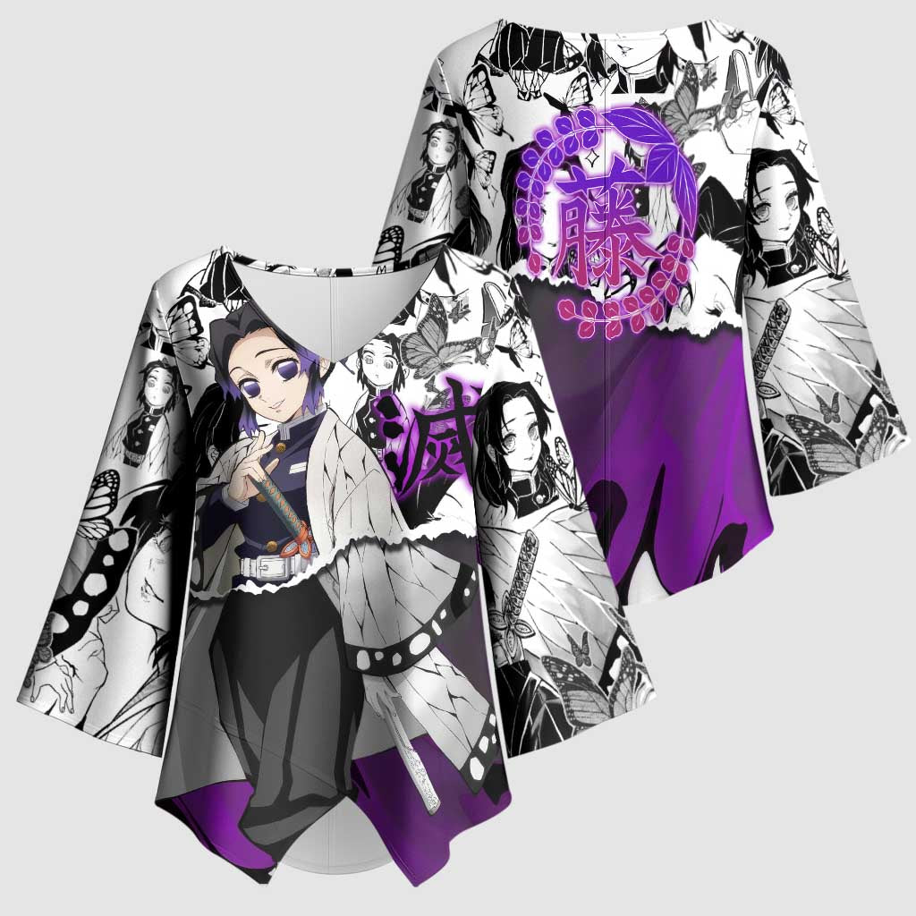 Shinobu Kocho Demon Slayer Butterfly Theme Kimono Sleeve Blouse with Purple Accents and Manga Collage Design - The Mazicc