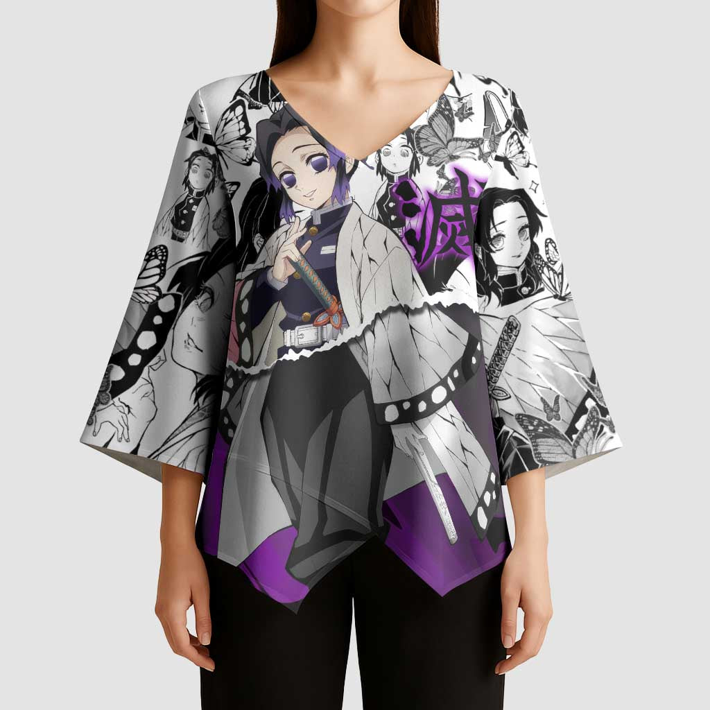 Shinobu Kocho Demon Slayer Butterfly Theme Kimono Sleeve Blouse with Purple Accents and Manga Collage Design - The Mazicc