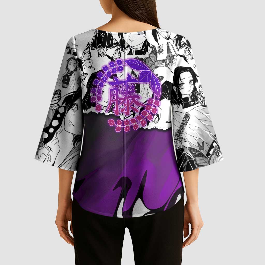 Shinobu Kocho Demon Slayer Butterfly Theme Kimono Sleeve Blouse with Purple Accents and Manga Collage Design - The Mazicc