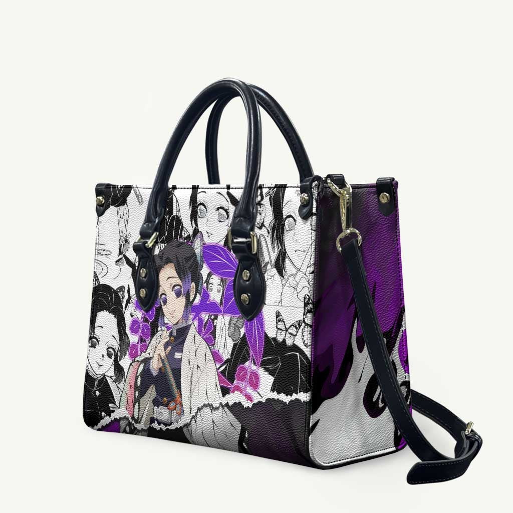 Shinobu Kocho Demon Slayer Butterfly Theme Leather Bag with Purple Accents and Manga Collage Design - The Mazicc