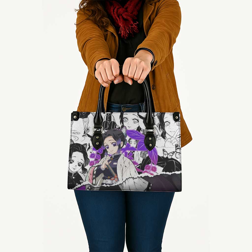 Shinobu Kocho Demon Slayer Butterfly Theme Leather Bag with Purple Accents and Manga Collage Design - The Mazicc