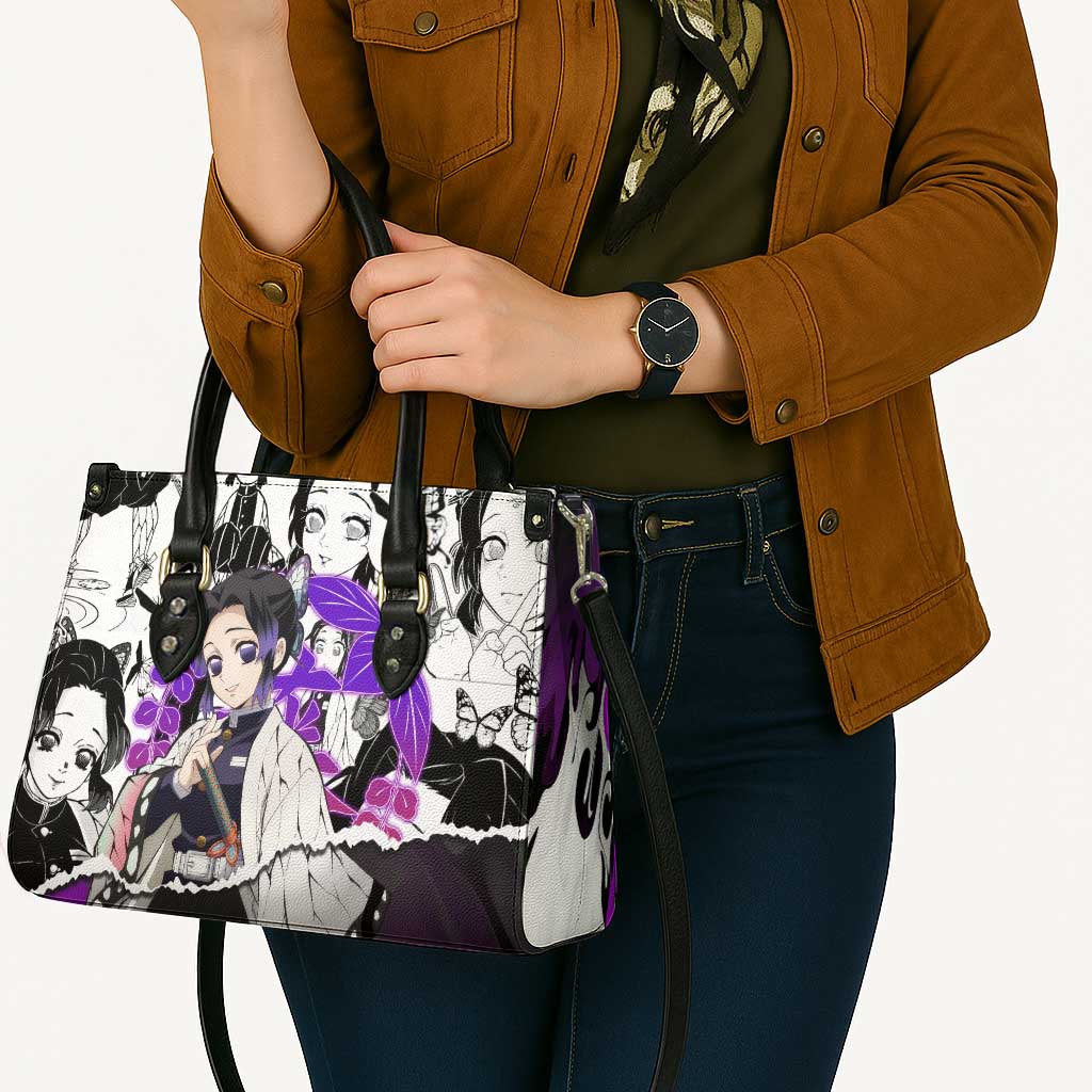 Shinobu Kocho Demon Slayer Butterfly Theme Leather Bag with Purple Accents and Manga Collage Design - The Mazicc