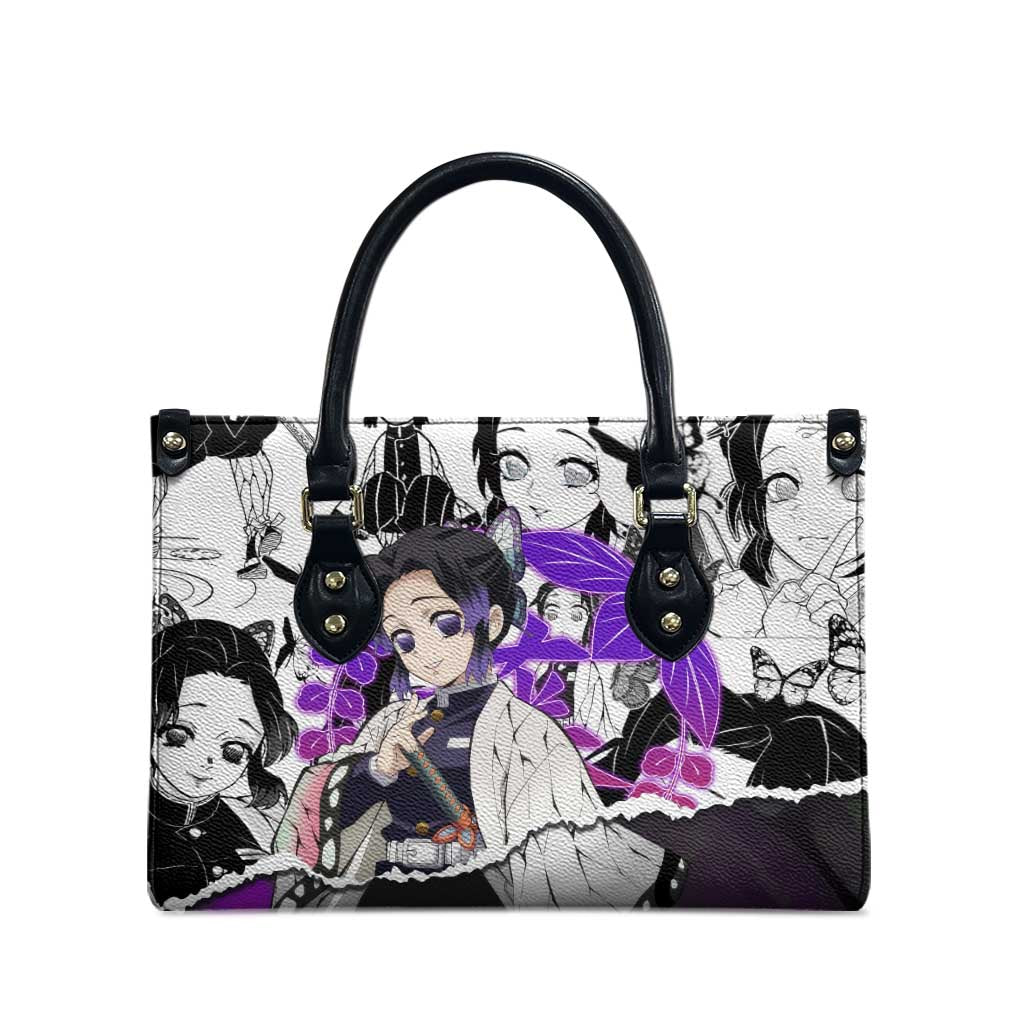 Shinobu Kocho Demon Slayer Butterfly Theme Leather Bag with Purple Accents and Manga Collage Design - The Mazicc