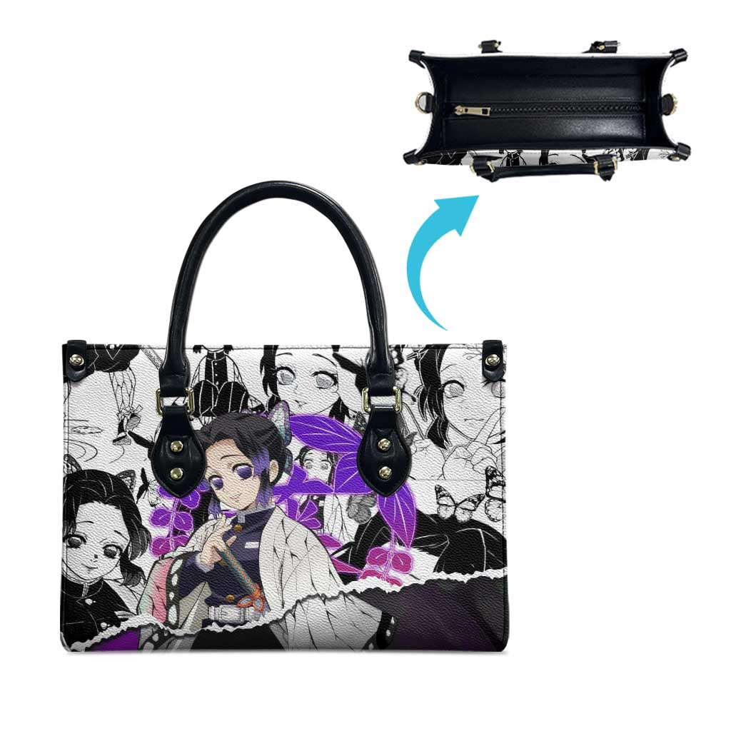 Shinobu Kocho Demon Slayer Butterfly Theme Leather Bag with Purple Accents and Manga Collage Design - The Mazicc