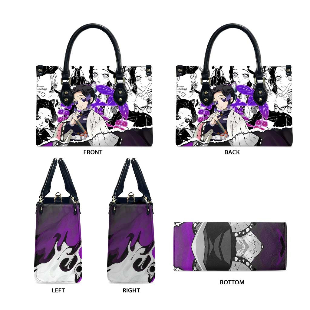 Shinobu Kocho Demon Slayer Butterfly Theme Leather Bag with Purple Accents and Manga Collage Design - The Mazicc