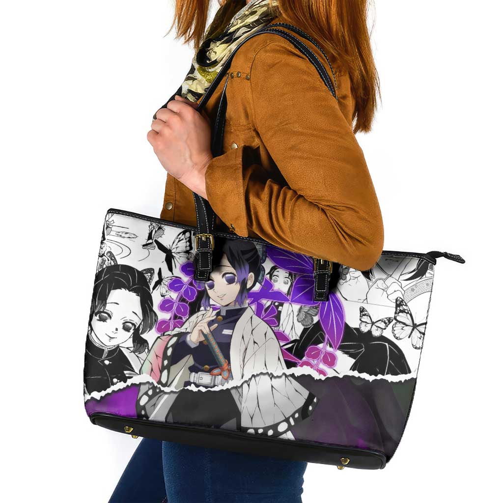 Shinobu Kocho Demon Slayer Butterfly Theme Leather Tote Bag with Purple Accents and Manga Collage Design - The Mazicc