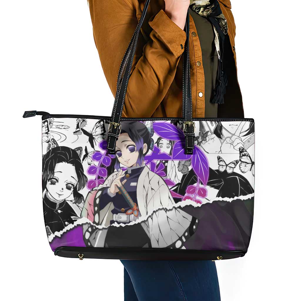 Shinobu Kocho Demon Slayer Butterfly Theme Leather Tote Bag with Purple Accents and Manga Collage Design - The Mazicc