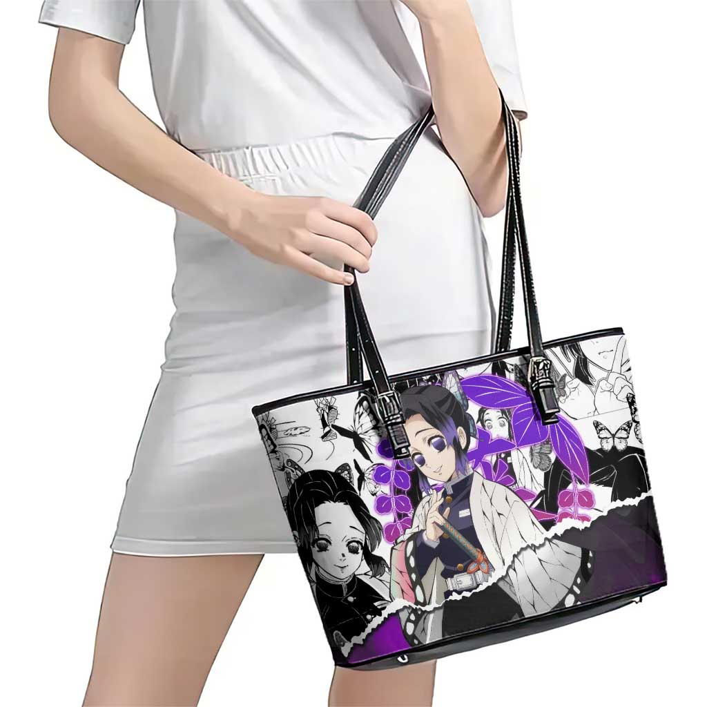 Shinobu Kocho Demon Slayer Butterfly Theme Leather Tote Bag with Purple Accents and Manga Collage Design - The Mazicc