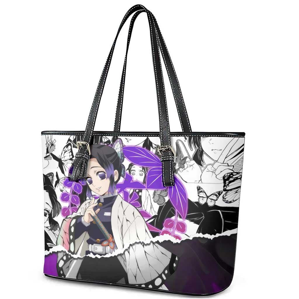Shinobu Kocho Demon Slayer Butterfly Theme Leather Tote Bag with Purple Accents and Manga Collage Design - The Mazicc