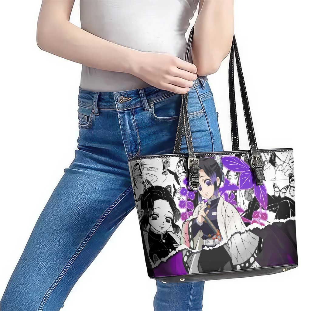 Shinobu Kocho Demon Slayer Butterfly Theme Leather Tote Bag with Purple Accents and Manga Collage Design - The Mazicc
