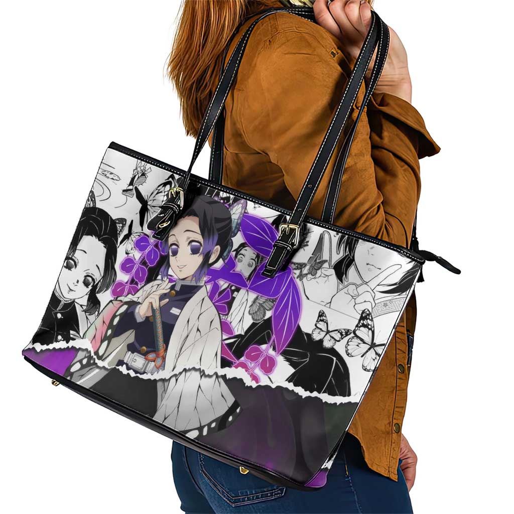 Shinobu Kocho Demon Slayer Butterfly Theme Leather Tote Bag with Purple Accents and Manga Collage Design - The Mazicc
