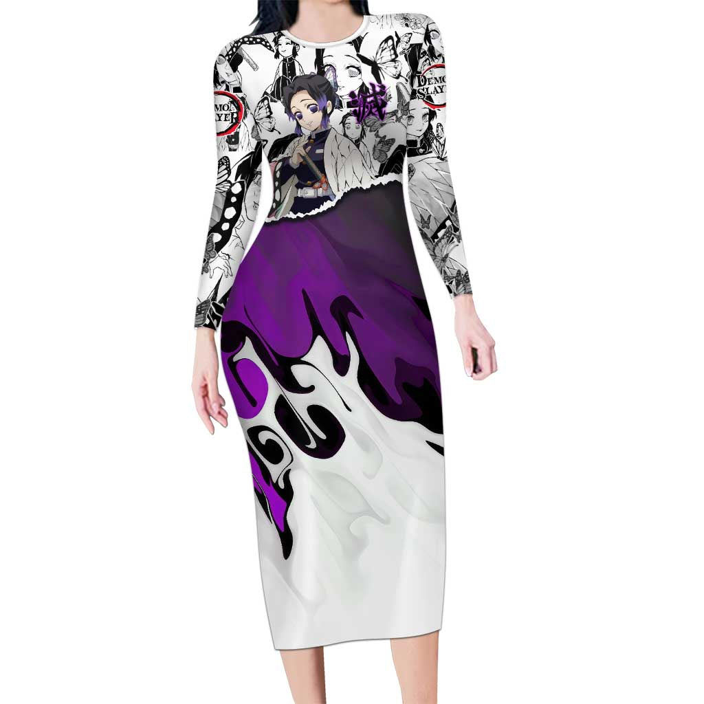 Shinobu Kocho Demon Slayer Butterfly Theme Long Sleeve Bodycon Dress with Purple Accents and Manga Collage Design - The Mazicc